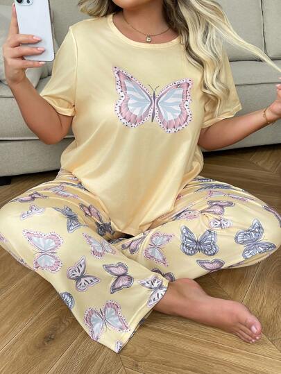 SHEIN Butterfly Print Plus Size Women Short Sleeve Pajama Set With Pants