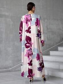 Al Najma 女士土耳其长袍和阿拉伯花卉印花长裙、卡夫坦和贾拉比亚 - 粉色 - 查看 2