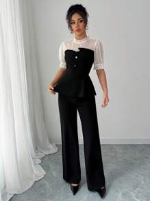 Selianne Chiffon Patchwork Shirt & Flare Leg Pants 2 Pieces Set - Black - View 5