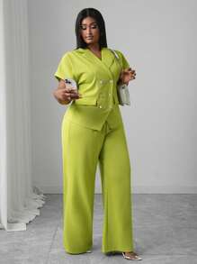 Slaydiva 新款春夏度假百搭休闲套装，适合生日聚会、约会、日常穿着 - 包括翻领双排扣衬衫和修身长裤，黄绿色，大码两件套 - 黃色 - 查看 8