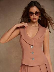 COSMINA Damen Einfarbige Ärmellose Weste mit Kragen und Knopfleiste, Lässig