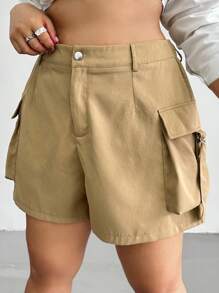 POPSWAY Plus Size Women's Summer Cargo Shorts With Large Pockets, Khaki, Suitable For Outdoor, Commute, Street Wear - Khaki - View 5