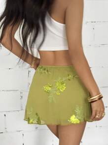 SHEIN PETITE Váy ngắn màu xanh lá cây thêu lưới gợi cảm & thanh lịch kiểu Trung Hoa mới cho nữ - màu xanh lá - Xem 2