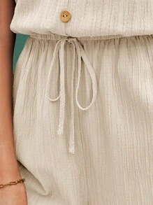 SHEIN Frenchy 夏季休闲宽松短款连体裤，前腰纽扣连体裤 - 杏色 - 查看 5