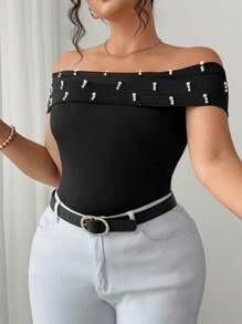Elenzga Women's Solid Color Elegant Open Shoulder Beaded Bodycon Top - Black - View 4