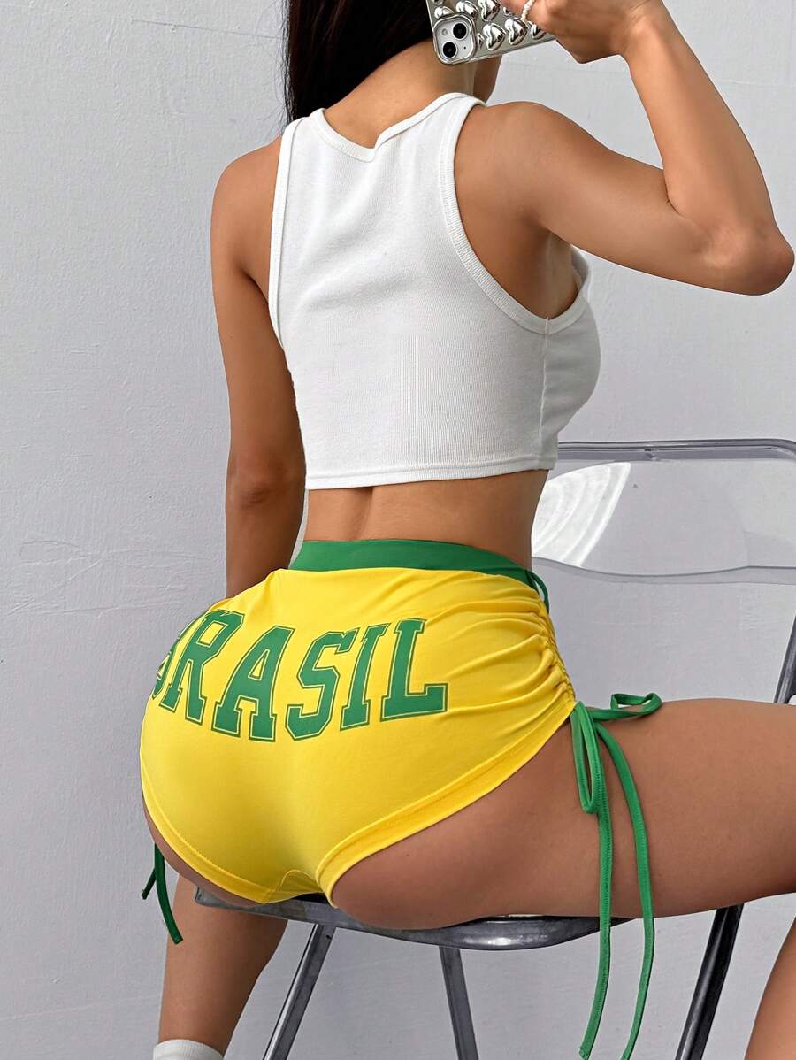 SHEIN EZwear 女士时尚休闲短裤，适合夏季 - 黃色 - 查看 1