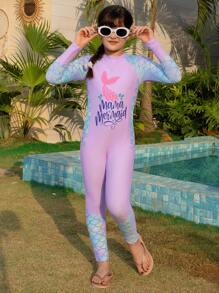女童连体泳衣，卡通美人鱼尾巴，数码印花，紫色鱼鳞印花，长袖长裤，连体泳衣，适合参加海滩泳池派对 - 紫色 - 查看 6