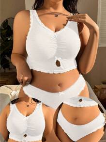 Set de 2 piezas Sujetador inalámbrico y conjunto de bragas con encaje contrastante, talla grande, cómodo
