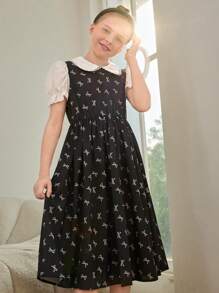Tween Girl Dress - Fashionable Black Bow Print Dress With Waist Bag, Peter Pan Collar, Puff Sleeves, Casual Daily Wear For Summer - Black - View 3