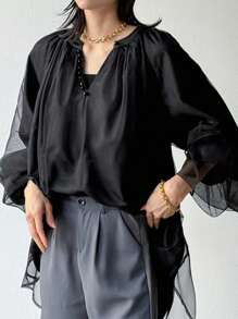 FRIFUL Blusa negra holgada con capa de malla, top de verano 2 en 1, blusa de manga larga con volantes - Negro - Ver 6