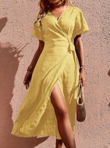 SHEIN Clasi Solid Knot Side Wrap Dress Maxi Women Outfit - Yellow - View 6