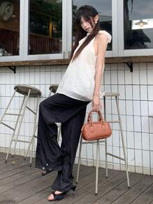 DAZY Bowknot Neck Loose Polka Dot Sleeveless Blouse Going Out Tops Fall - Beige - View 8