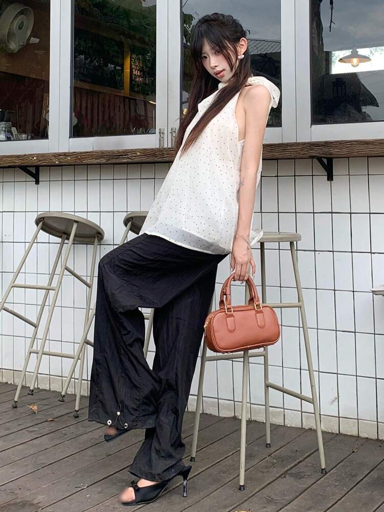 Bowknot Neck Loose Polka Dot Sleeveless Blouse Going Out Tops Fall