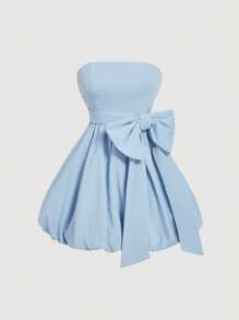 SHEIN MOD Robe mi-longue sans bretelles avec grand nœud et ourlet à volants, bleue