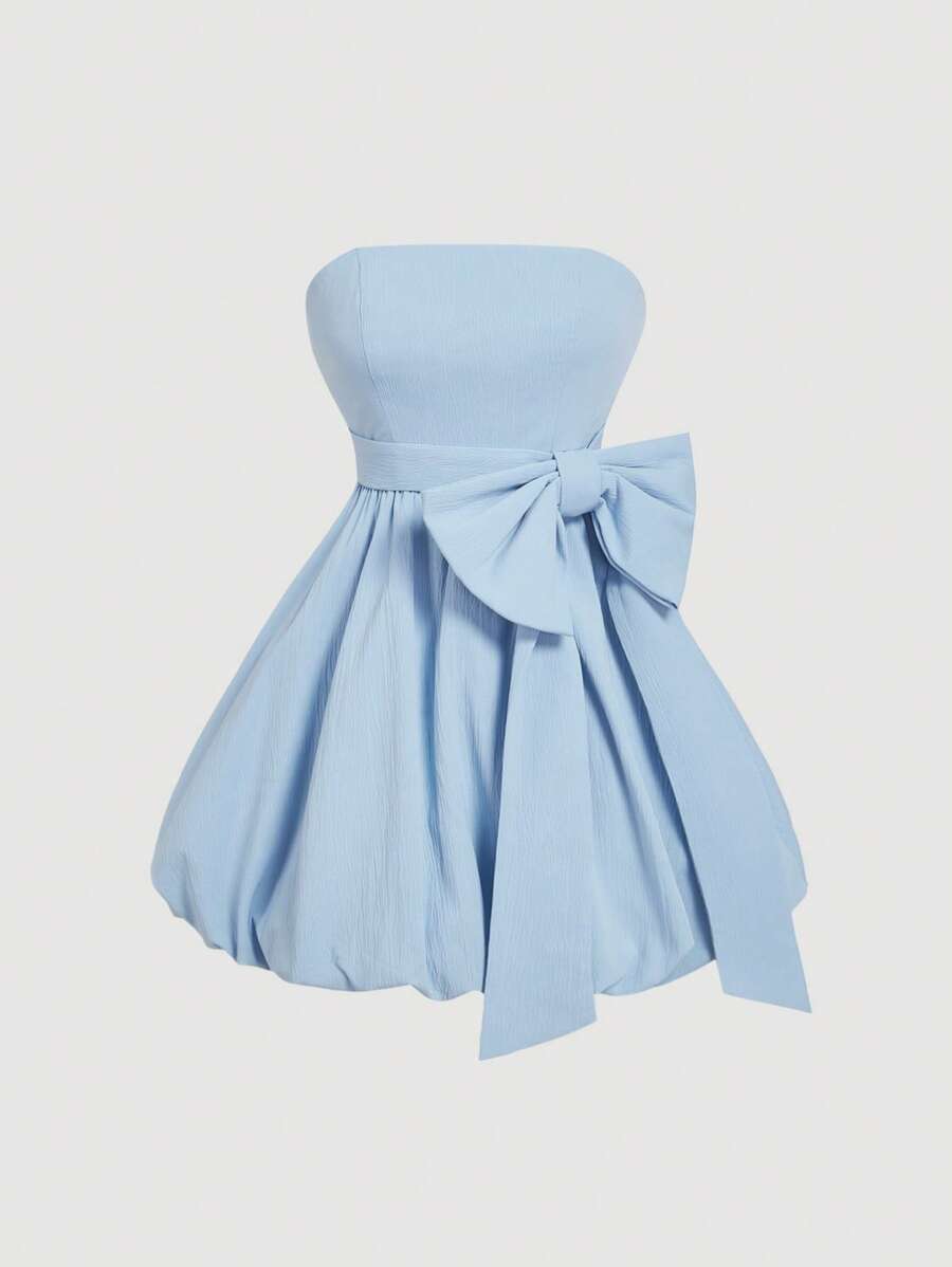 SHEIN MOD Robe mi-longue sans bretelles avec grand nœud et ourlet à volants, bleue