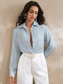 Anewsta Blusa de manga larga de lino bordada para mujer - Celeste - Ver 4