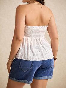 Elaquor Plus Size Solid Color Shirred Bodice Summer Boho Strapless Top - White - View 2