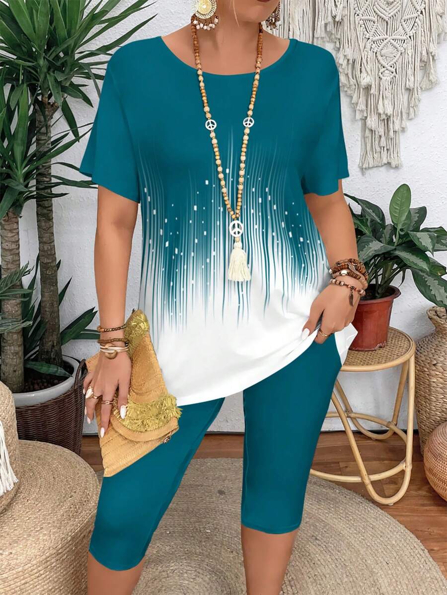 Summer Casual Color Block Short Sleeve T-Shirt And Leggings 2 Pieces Set For Plus Size Women, Slim Fit - Multicolor - View 1