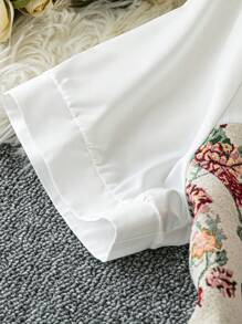 Celure 大码女式热销优雅 A 字短袖腰部收紧复古提花不对称拼色 V 领荷叶边上衣 - 彩色 - 查看 3