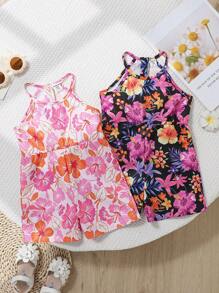 2pcs/Set Baby Girls Infant/Toddler 0-3 Years Casual Daily Holiday Tropical Floral Halter Waist Romper Two Pieces Set - Multicolor - View 1