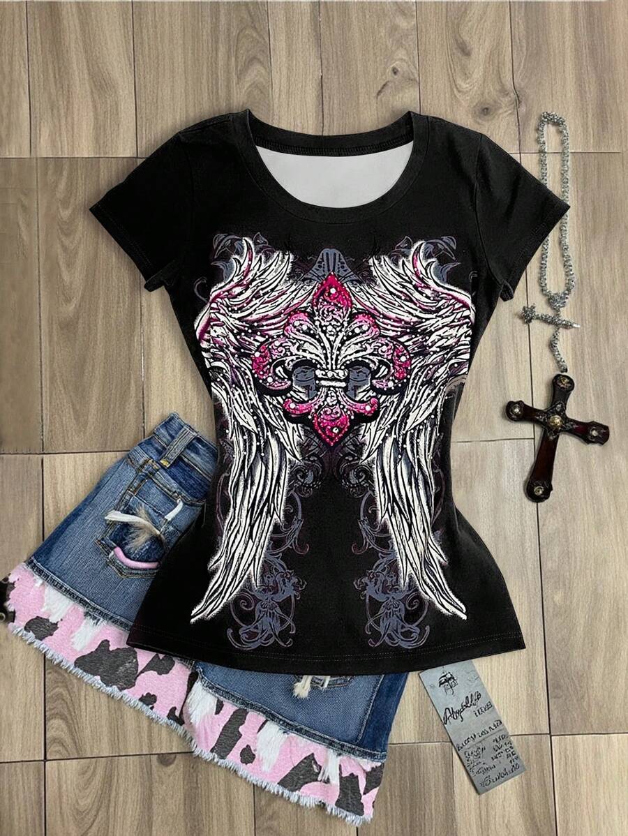 Áo thun cổ tròn thời trang lễ hội âm nhạc Gothic Retro giản dị dành cho nữ - Nhiều màu - Xem 1