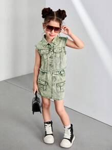 DENIMLY YOUNG GIRL Y2K Urban Street Boho Vintage Heavy Stone Wash Mint Green Raw Hem Crop Denim Jacket & Denim Mini Skirt Matching Two Pieces ,Elastic Waistband And Multi Cargo Pockets Skirt
