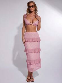 COSMINA Women's Deep V-Neck Ruffled Hem Cropped Fitted Camisole - Pink - View 7