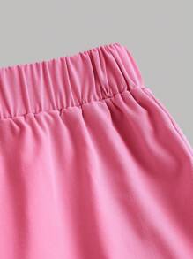 SHEIN EZwear 大码夏季休闲纯色褶皱侧短袖上衣和工装裤 2 件套 - 玫紅色 - 查看 3