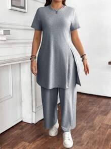 SHEIN LUNE Women's Plus Size Solid Color Slit Short Sleeve Long Pants Two-Piece Set - Grey - View 3