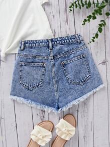 SHEIN 少女休闲破洞牛仔短裤 - 中等水洗藍 - 查看 2