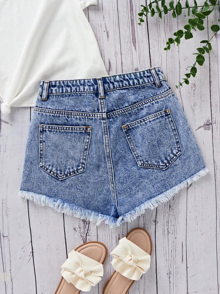 FEOYA Short en jean déchiré à taille élastique pour filles - Style décontracté - Couleur unie - Avec poche - Pour enfants de 3 à 12 ans, bleu, 7-8 ans