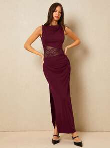 Poéselle Women's Dress Waist Lace Stitching Waist Pleat Design Women Contrast Lace Sleeveless Bodycon Side Slit Dress Women Dresses Summer Women Outfit Sundress Summer Women Dresses Summer Dress Black Women Dresses Beach Women Dresses Summer Clothes Long Dress Y2k Spring Women Dresses Spring Women Outfits Festival Outfits Spring Dress Office Women Outfits Women Clothing Casual Women Dresses Concert Women Outfit