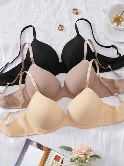Snug Zone 3pcs/Set Women Minimalist Comfort Bras, Casual Simple Gather Underwire Everyday Brassiere