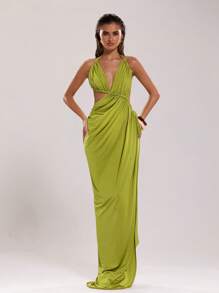 SHEIN BAE 女式夏季简约褶皱开衩露背连衣裙 - 綠色 - 查看 3