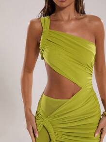 SHEIN BAE 女士性感纯色细肩带镂空超长连衣裙，夏季 - 綠色 - 查看 6