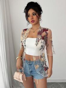 INAWLY Women's Elegant Floral Embroidered Mesh Ruffle Trim Short Sleeve Lightweight Cardigan, Summer - Clear - View 3