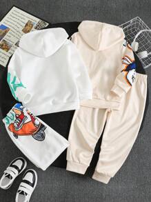 4pcs Young Boys' Cute Cartoon Fun Cute Cartoon Rabbit Animal Print Long Sleeve Sweatshirt And Pants Suit,Suitable For Traveling, Going To School And Home, Suitable For Outdoor School, Garden, Beach, Birthday, Baby Shower Party, Fall/Winter