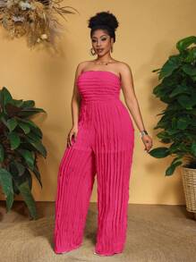 Slaydiva Plus Size Women's Casual Sleeveless Pleated Wide Leg Jumpsuit