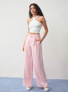 MOTF STUDIO Pantalones anchos de pierna ancha con bolsillos en ángulo, cinturón y pliegues, 100% lino, para uso diario