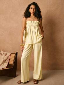 Poéselle Women's Two Pieces Suit, Linen Two Pieces Suit, With Pockets, Yellow Two Pieces Suit 2pcs/Set Vacation Casual Solid Color Bandeau Top And Long Pants Set Tube Top&Baggy Linen Pants Summer Clothes Two Pieces Outfits Summer Women Clothes Summer Two Pieces Outfits Yellow Pants Set, Butter Yellow - Yellow - View 7