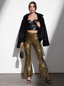 EURMUSE Women's Sparkling Disco Flared Pants - Gold - View 3