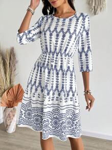 EMERY ROSE Đầm cổ tròn tay ngắn in họa tiết cho nữ, tối giản & thời trang, phù hợp cho mùa hè - Nhiều màu - Xem 5