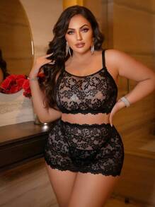 3 件大码蕾丝无线性感内衣套装 - 黑色 - 查看 3