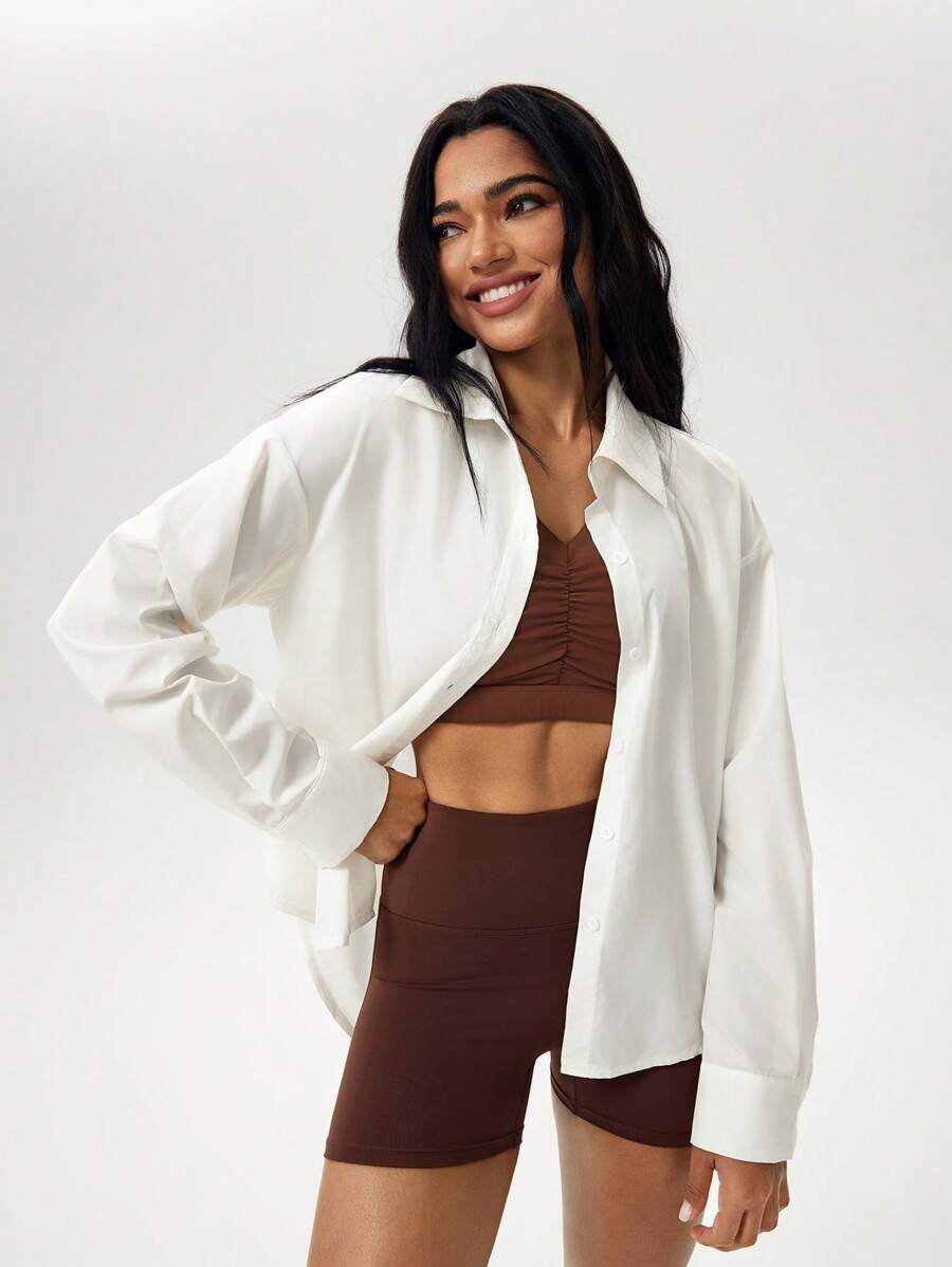 SHEIN Unity Women Long Sleeve Loose Fit Sunscreen Shirt, Athletic Top - Apricot - View 1