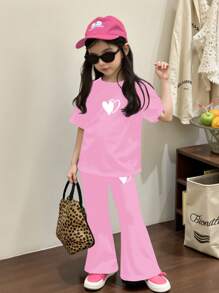 SHEIN Leap Crew 2 pièces/set Top à manches courtes et pantalon casual minimaliste pour filles préadolescentes, convient pour l'été - Lilas - Voir 5