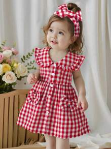 SHEIN Vintaside Kids 女婴休闲格纹盖袖百搭连衣裙，适合户外或日常居家穿着