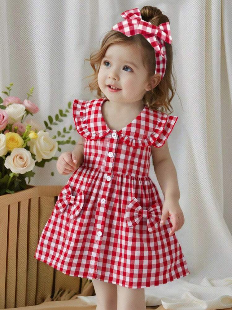 SHEIN Vintaside Kids فستان بناتي كاجوال قابل للارتداء في أي مكان مع أكمام قصيرة على شكل مربعات، مناسب للاستخدام في الخارج أو في المنزل اليومي - الأحمر - مشاهدة 1