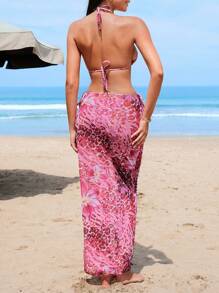 SHEIN Swim Women 3pcs Leopard Printed Halter Tie Bikini Set & Long Chiffon Beach Skirt, Hawaii Outfit For Summer Beach Vacation