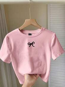 SHEIN EZwear 女士休闲简约蝴蝶结装饰可爱图案圆领短袖短款修身 T 恤，上衣适合夏季 - 淺粉色 - 查看 6