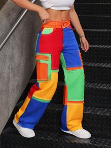 SHEIN PETITE Women's Multicolor Patchwork Denim Jeans: Extra Long, Casual Style, Zipper Details - Multicolor - View 3